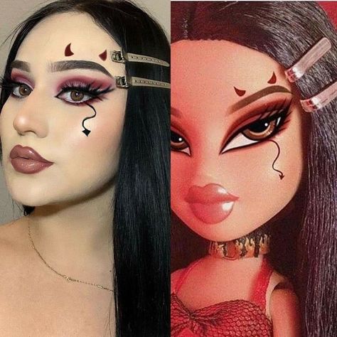 Brats Doll Makeup Halloween, Brats Makeup Look, Brats Doll Halloween Costume, Halloween Eyeshadow Looks, Halloween Eye Looks, Halloween Devil Makeup, Pretty Halloween Makeup Looks, Devil Halloween Makeup, Devil Makeup Halloween