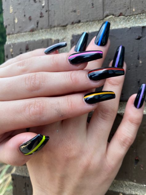 #NAILS #COFFINNAILS #LONGNAILS #BLACKNAILS Black Rainbow Nail Designs, Coffin Shape Nails Designs Black, Rainbow Black Nails, Goth Pride Nail, Black Colorful Nails, Rainbow And Black Nails, Rainbow Nails Black, Dark Rainbow Nails, Black Nails With Rainbow