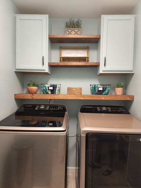 Painted cabinets, stained shelves, laundry room makeover