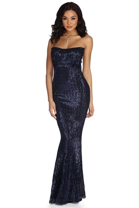 Freya Formal Strapless Sequin Dress | WindsorCloud Formal Long Dresses, Strapless Sequin Dress, Long Dresses Casual, Sparkly Dresses, Navy Blue Wedding, Strapless Neckline, Long Dress Casual, Sparkly Dress, Formal Style