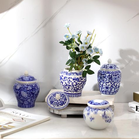 PRICES MAY VARY. What You Will Receive: delve into the charm of 4 distinct styles; You will receive 4 pieces of blue and white vases come in 4 different hand painted patterns, adding a touch of elegance and variety to your home and holiday decor Versatile Home Decor: these blue and white ginger jars fit seamlessly into your home, whether it's the bedroom, living room, dining room, or kitchen; They will add a touch of beauty, retro and elegance to your family gatherings, dinners, parties, wedding Blue Chinoiserie Decor, Chinoiserie Wedding Decor, Chinoiserie Chic Decor, Blue And White Vases, French Chinoiserie, Living Room Console Table, Accent Shelf, Chinoiserie Decor, Table Centerpieces For Home