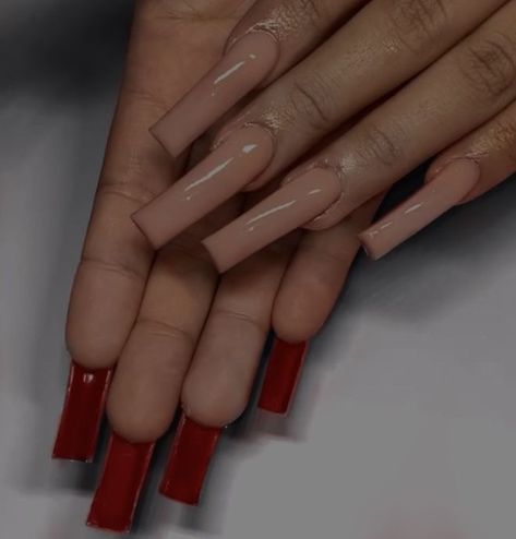 Simple Red Bottom Nails, Red Nails Underneath, Short Buchi Fresa Nails, Nude Nails With Red Rhinestones, Nude And Red Acrylic Nails, Nude Red Bottom Nails, White Red Bottom Nails, Red Under Nails, Red Tapered Square Nails