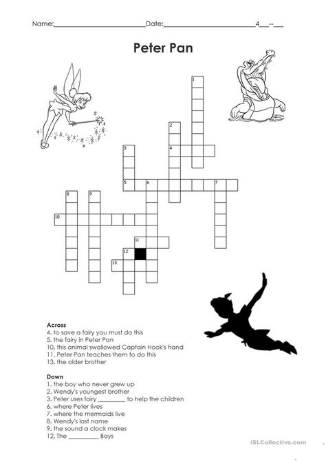 Peter Pan Crossword - English ESL Worksheets for distance learning and physical classrooms Hook Peter Pan, Captain Hook Peter Pan, Peter Pan Tinkerbell, Children In Africa, Read Aloud Activities, Class Theme, Disney Print, Teaching Jobs, Class Activities