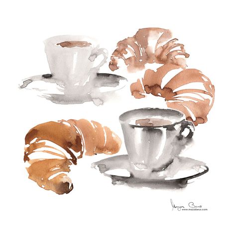 Croissants Illustration, Art Drawings Painting, Room Art Painting, Coffee And Croissants, Akvarel Illustration, Watercolor Loose, Coffee Watercolor, Illustration Packaging, Loose Watercolor