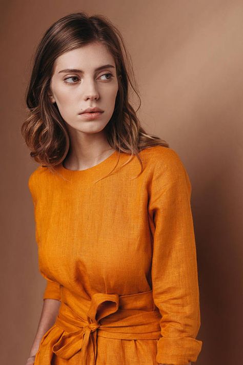 Orange Linen Dress, Linen Dress Outfit, Mustard Yellow Dresses, Yellow Mini Dress, Linen Dress Women, Long Linen Dress, Essential Dress, Dress For Summer, Crewneck Dress