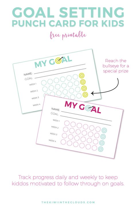 Goal Setting For Kids + FREE Printable Punch Cards Goal Setting For Kids, Behavior Punch Cards, Free Goal Printables, Babysitting Activities, Goal Charts, Kids Goals, Chore Charts, Behaviour Chart, Mental Training