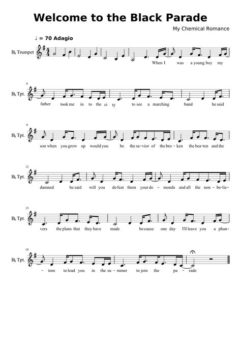 My Chemical Romance Welcome to the Black Parade - Trumpet Score | MuseScore COULD BE ANY Bb INSTRUMENT TOO! Bb Instrument Sheet Music, Welcome To The Black Parade Piano, Welcome To The Black Parade, Tenor Saxophone Sheet Music, Alto Saxophone Sheet Music, The Black Parade, Trumpet Sheet Music, Trumpet Music, Clarinet Music