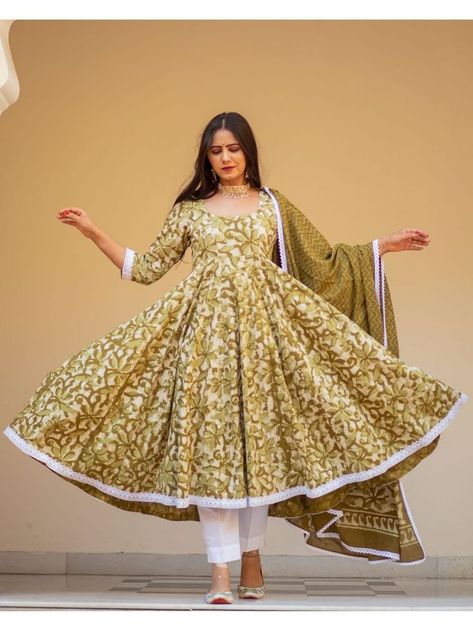 women wearing Cotton Anarkali Set with dupatta Indian Party Wear Dresses, Cotton Anarkali Suits, Green Anarkali, Dabu Print, Cotton Anarkali, Cotton Frocks, Anarkali Kurti, Indian Party Wear, Anarkali Gown