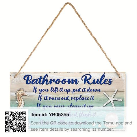 Seashell Bathroom, Bathroom Rules Sign, Bathroom Decor Signs, Bathroom Wall Decor Art, Home Decor Blue, Door Crafts, Beach Bathroom, Door Plaque, Bathroom Rules