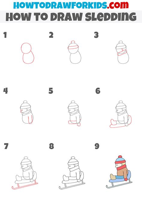 how to draw sledding step by step Sled Drawing, Easy People Drawings, Sleds For Kids, Yule Tide, Winter Paintings, Sled Ride, Calendar Board, 2nd Grade Art, Easy Drawing Tutorial