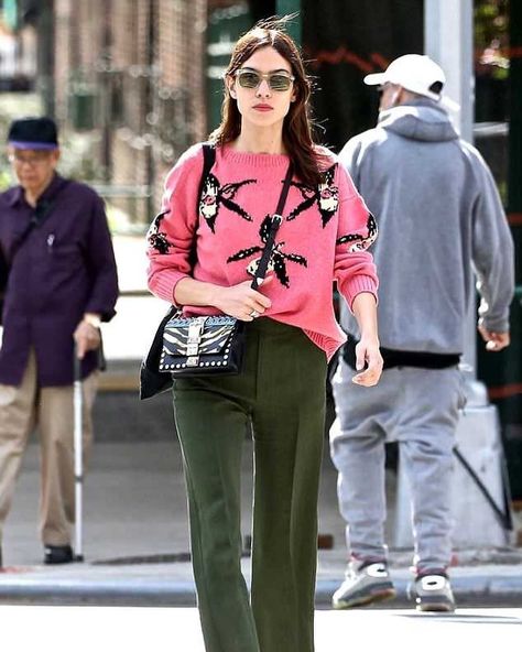 #AlexaChung out in about in NYC Alexa Chung Street Style 2022, Alexa Chung Street Style, Bootcut Trousers, Alexa Chung Style, Parisienne Chic, Cosy Jumper, Pink Jumper, Saturday Afternoon, Style Savvy