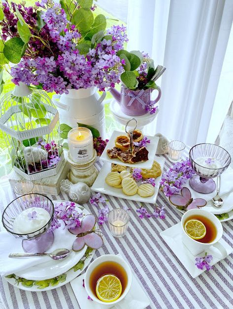 Dining Delight: Lilacs and Butterflies Tea Party for Two Adult Tea Party Decorations, Tea Party For Two, Tea Party Tablescape, Butterfly Tea Party, Tea Party Centerpieces, Adult Tea Party, Afternoon Tea Tables, Spring Tea Party, Butterfly Tea