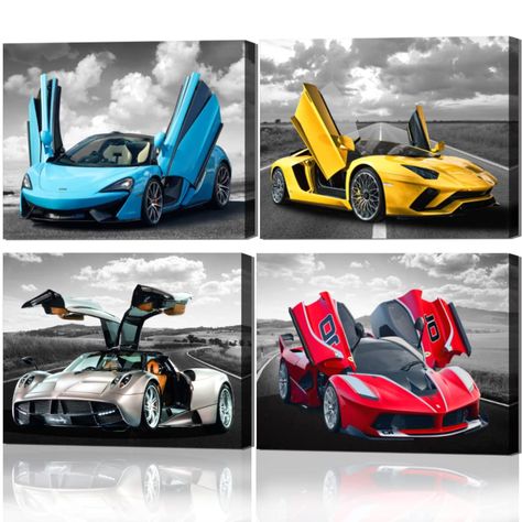 PRICES MAY VARY. SPORT CAR WALL ART FOR BOYS ROOM DECOR: They are 4 different cars' canvas art, and cars in different pop colors, cool and stylish. This sport cars art set is suitable for wall decoration for men cave, teen boys' bedroom, sports themed room, office, living room, farmhouse, coffee shop, kids study room, hallway, dormitory, garage, car shop, ect. ARTWORK SIZE: 20x16inchx4panel (50x40cmx4pcs) There are 2 size options for this car art, you can measure your wall first, and pick up the Wall Art For Men, Artwork For Office, Sports Themed Bedroom, Boys Bed, Teenage Boy Room, Cars Art, Sports Wall Decor, Men Cave, Boys Bedroom Makeover