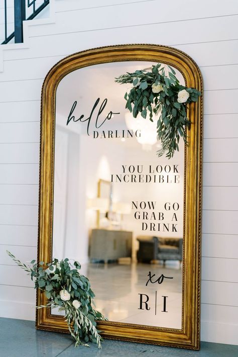 Mirror Center Piece Wedding, Anthropologie Mirror Wedding Sign, You Look Good Wedding Mirror, You Look Beautiful Mirror Wedding, Mirror Wedding Decoration, Gold Frame Wedding Signage, Floor Mirror Wedding, Wedding Picture Mirror, Signable Mirror