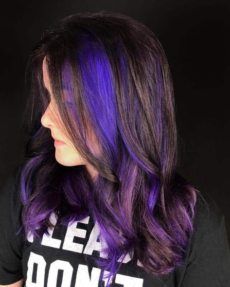 Bright Purple Highlights, Purple Streak In Brown Hair, Streaks In Brown Hair, Purple Streaks In Brown Hair, Highlight On Brown Hair, Neon Purple Hair, Purple Highlights Brown Hair, Purple Hair Streaks, Brown Hair Male