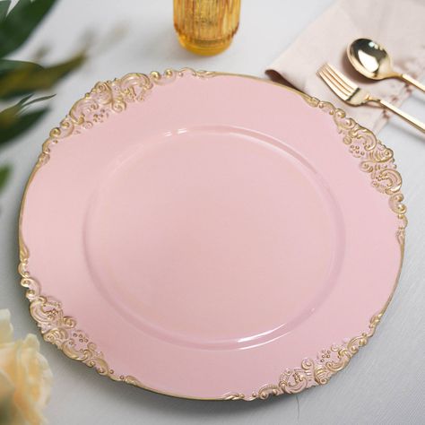 6 Pack | 13" Blush Leaf Embossed Baroque Charger Plates, Round With Antique Gold Rim Charger Plates Wedding, Gold Charger Plate, Pink Tablecloth, Glass Charger Plates, Pink Wedding Decorations, Gold Chargers, Gold Baroque, White Dinner Plates, Blush Gold