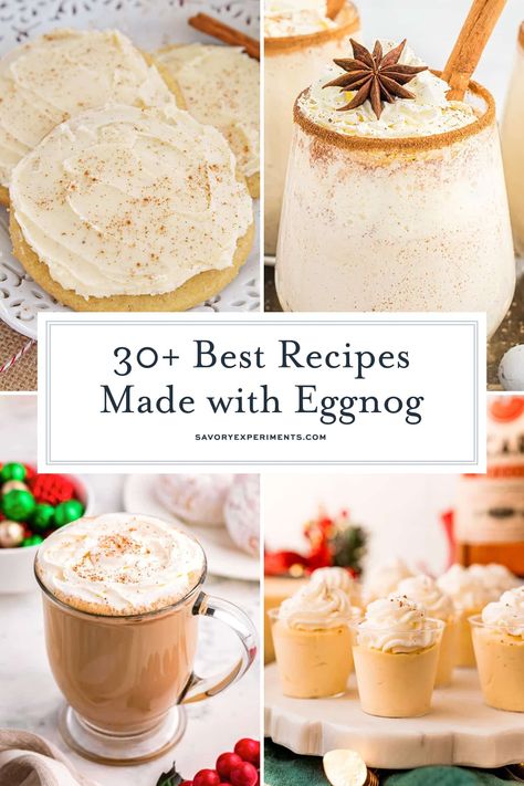 The holiday season is here! With a homemade eggnog recipe and plenty of ways to use it, these Eggnog Recipes are delicious! #eggnogrecipes #recipesthatuseeggnog www.savoryexperiments.com Egglands Best Recipes, Egg Nog Desserts Recipes, Homemade Puddings, Best Eggnog Recipe, Eggnog Hot Chocolate, Homemade Eggnog Recipe, Holiday Cake Recipes, Eggnog Dessert, Eggnog Recipes