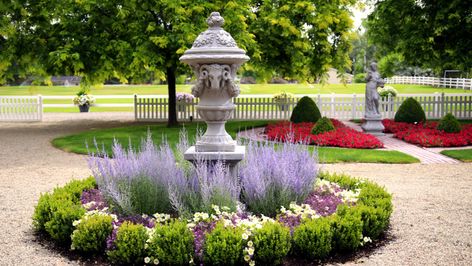 Circle Driveway Landscaping, Formal Garden Design, Russian Sage, Court Yard, Front Garden Landscape, Exquisite Gardens, Driveway Landscaping, Garden Centers, Garden Urns