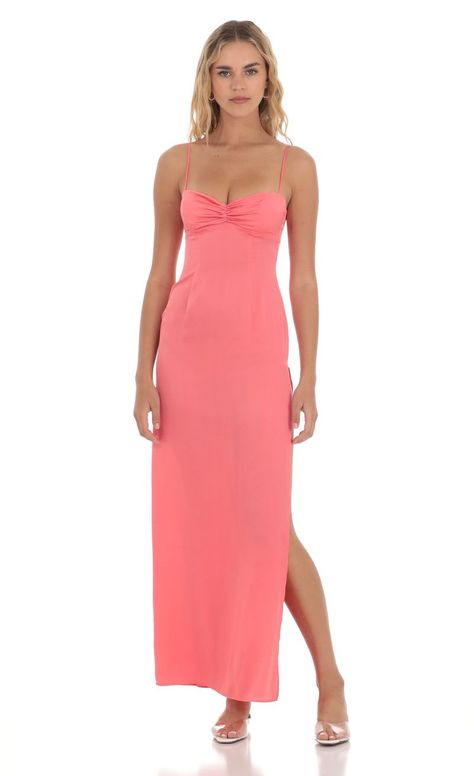 Satin Cinched Maxi Dress in Coral | LUCY IN THE SKY Coral Maxi Dress, Coral Prom Dresses, Pink And Orange Dress, Peppermayo Dress, Prom 2025, Coral Bridesmaid Dresses, Coral Maxi Dresses, Sequin Bodycon Dress, Mesh Maxi Dress