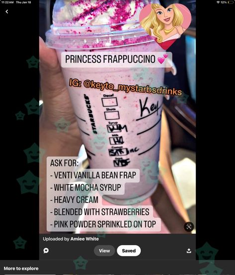 #starbucks #secretmenu #princess Unicorn Starbucks Drink, Disney Princess Starbucks Drinks, Starbucks Character Drinks, Kawaii Starbucks, Frappe Drinks, Cotton Candy Drinks, Sleepover Snacks, Starbucks Secret Menu Recipes, Starbucks Orders