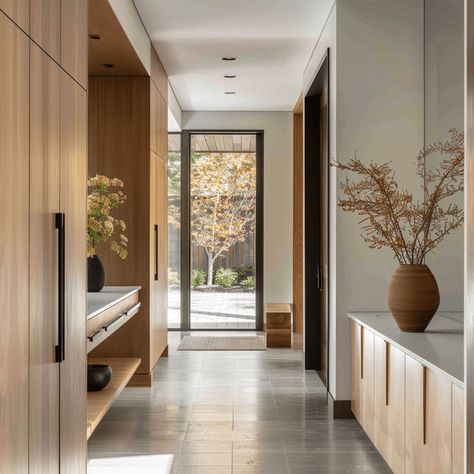 A mid-century modern hallway embodying the principles of Bauhaus and Scandinavian design, emphasizing simplicity, functionality, and the use of natural materials3 Contemporary Mudroom, Mid Century Modern Hallway, Mid Century Hallway, Modern Hallway Design, Modern Entryway Decor, Contemporary Hallway, 70s Interior Design, 70s Interior, Modern Hallway Ideas