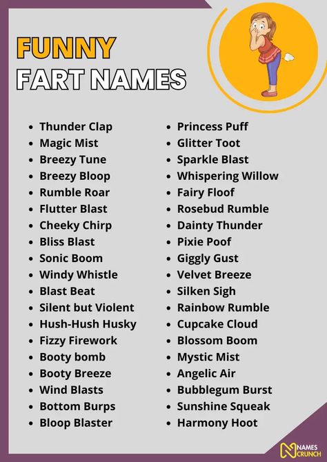 300+ Funny Fart Names [Hilarious Ideas] - Names Crunch Funny Name Generator Hilarious Laughing, Funny Quotes About Farts, Ladies Night Party Games, Funny Fart Jokes, Girl Fart Humor, Fart Memes Funny, Abs Art, Funny Emails, Ladies Night Party