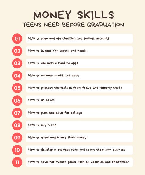 11 Money Skills Teens Need Before Graduation (Plus, Lessons) Life Skills Activities High School, Life Skills Lessons High School, Consumer Math High School, Save For Vacation, Wild Schooling, Life Skills For Teens, High School Homeschool, Finance Planning, High School Plan