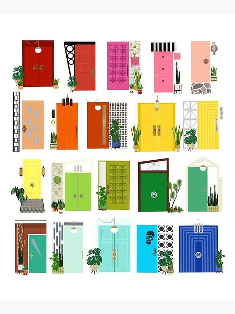 Aug 24, 2020 - Buy "Mid Century Modern Rainbow Doors" by jenbucheli as a Mounted Print Mid Century Modern Door, Rainbow Door, Mid Century Modern Exterior, Mid Century Exterior, Mid Century Ranch, Palm Springs Style, Palm Spring, Modern Rainbow, Inspiration Kitchen