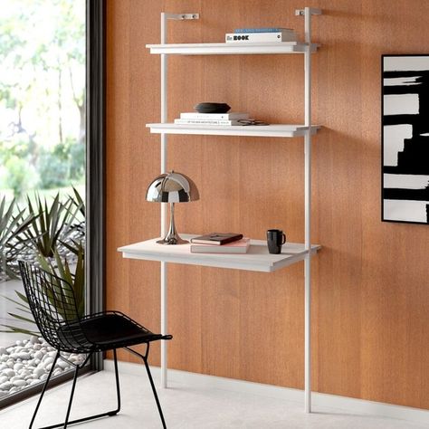 12 Minimalist Desks to Help Setup a Home Office Anywhere | Hunker Leaning Ladder Desk, Ladder Desk, Leaning Ladder, Desktop Shelf, Minimalist Desk, Desk Wood, Wood Ladder, Contemporary Desk, Office Furniture Modern