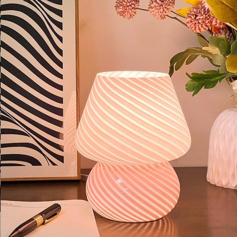 jonong Bedside Lamp Glass Striped Mushroom Table Lamp 110V Creative Gift Night Light (Pink) - Amazon.com Pink Lamp, Mushroom Table Lamp, Pink Amazon, Mushroom Table, Lamp Glass, Pastel Room, Vintage Mushroom, Nightstand Lamp, Mushroom Design