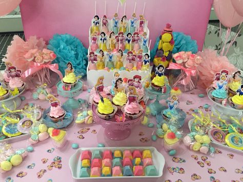 Disney princess dessert table Princess Birthday Party Dessert Table, Sweet Corner Birthday Dessert Tables, Disney Princess Dessert Table, Princess Dessert Table, Disney Candy, Dessert Table Birthday, Disney Desserts, Birthday Dessert, Sweet Corner