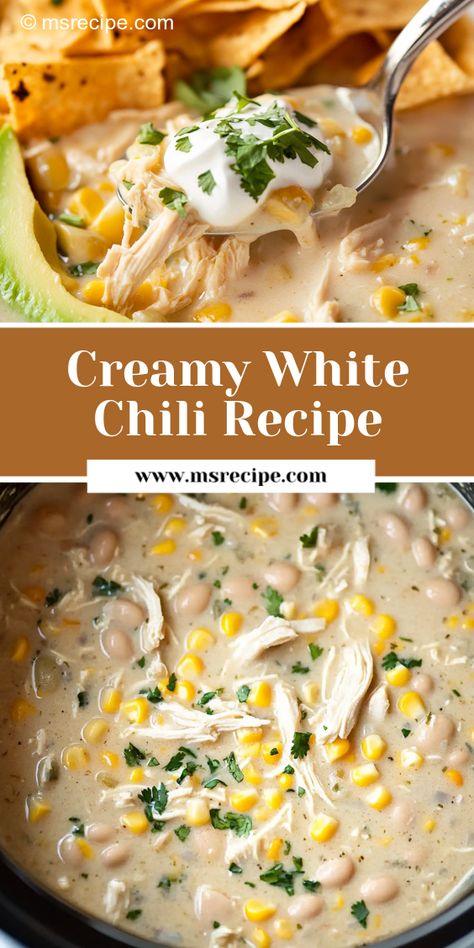 Creamy chicken, beans, and a hint of spice come together perfectly in this slow cooker chili recipe! Insta Pot White Chicken Chili, White Chicken Chili Slow Cooker Recipe, White Chicken Chili Dairy Free, Creamy White Chili, Chili Bean Soup, Chili Slow Cooker, White Chicken Chili Recipe Crockpot, White Chili Recipe, Chicken Beans