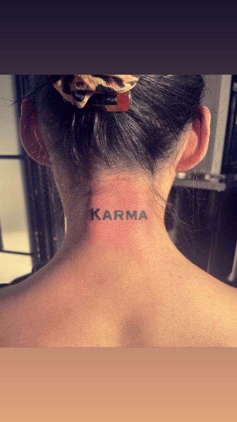 Karma neck tattoo Karma Tattoo On Neck, Karma Neck Tattoo, Karma Rules Tattoo, Karma Tattoo Ideas Women, Karma Tattoo Ideas, Tattoo Karma, Tattoo Ideas Women, Karma Tattoo, Wet Felting Projects