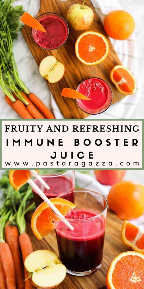 Immune Booster Juice is a sweet and vitamin-rich juice that can be made in just 10 minutes using an electric juicer. It’s loaded with healthy fruits and vegetables, including organic beets, carrots, oranges, ginger, apples, and celery. Not only is it extremely healthy and makes you feel great, but it’s also refreshing and delicious too. Taking care of your health and loading up on vitamin-rich foods can help your body defend itself against illness. Juicing Recipes For Health Immune System, Juicing Recipes With Apples, Juicing Apples Recipes, Immune Booster Juice, Booster Juice Recipes, Immunity Juice, Hurom Juicer, Booster Juice, Juice Ideas