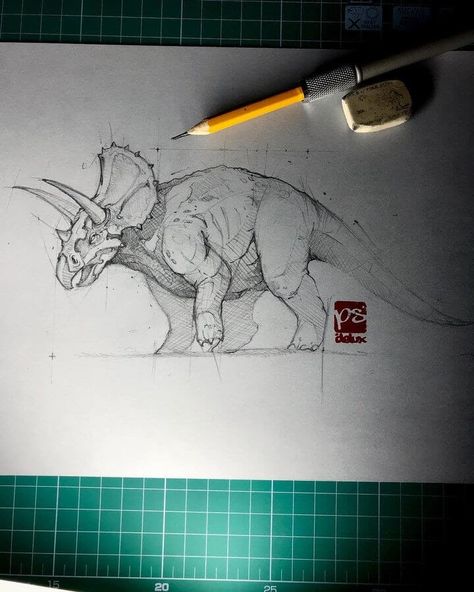 Triceratops by Psdelux Draw Nails, Dinosaur Pencil, Dino Drawing, Dinosaur Sketch, Dinosaur Tattoos, Dinosaur Drawing, Animal Drawings Sketches, Dinosaur Illustration, Sketch Artist