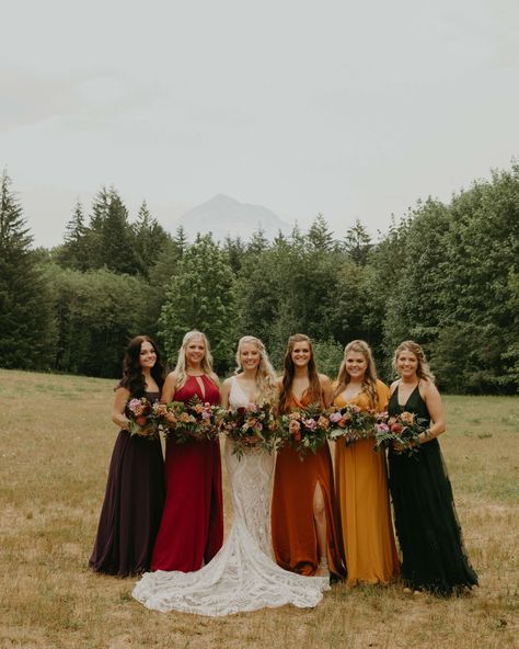 Multicolor Fall Bridesmaid Dresses, Fall Bridesmaid Dresses Mismatched Jewel Tones, Autumn Wedding Bridesmaids, Fall Wedding Bridal Party, Rhododendron Oregon, Braidsmaid Dresses, Wildflower Wedding Theme, Fall Wedding Bridesmaids, Intimate Destination Wedding