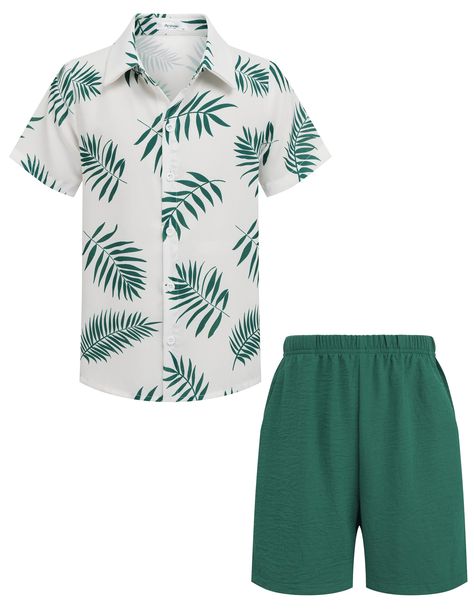 PRICES MAY VARY. HIGH QUALITY FABRIC : Boys Hawaiian shorts set were made from lightweight, breathable materials to keep the little boy cool in the summer, no shrink. 2 PIECES OUTFITS : The little boy's Hawaiian outfit set includes a bright, vibrant aloha shirt featuring palm trees, and other tropical scenes, also includes a pair of shorts with an elastic waistband. VACATION STYLE : Boys Hawaiian shirt, loose fit, easy to wear, button-down short sleeve, shorts with two side pockets. Classic matc Boys Hawaiian Outfit, Button Down Shirt And Shorts, 2 Pieces Outfits, Boys Hawaiian Shirt, Pieces Outfits, Beach Clothes, Shorts Sets, 16 Birthday, Hawaiian Outfit