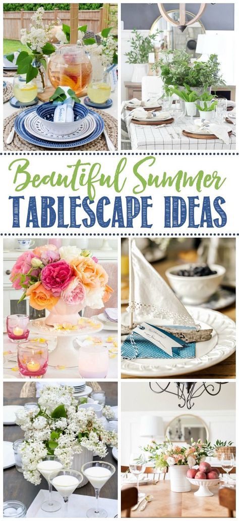 Lots of beautiful summer tablescape ideas for indoor and outdoor dining. Great for summer parties, BBQs or just a simple summer dinner.  #summerdecor #summertable #tablescape #decorideas Summer Table Decor, Brunch Tablescape, Easter Outdoor, Summer Table Decorations, Summer Table Settings, Summer Tablescapes, Summer Centerpieces, Outdoor Dinner Parties, Summer Table