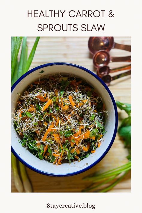 This healthy slaw uses carrot, alfalfa sprouts, green onions, cilantro and absolutely NO mayo! I love the freshness and bursts of flavor that comes from such a simple side dish! #salad #saladdressingrecipes #slaw #healthyrecipe #healthyfood Slaw No Mayo, Alfalfa Sprouts Recipes, Healthy Slaw, Side Dish Salad, Sprouts Recipes, Alfalfa Sprouts, Stay Creative, Slaw Recipes, Sprout Recipes