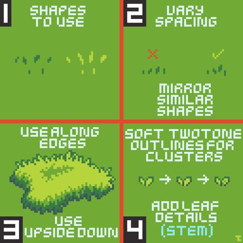 Pixel Animation Tutorial, Pixel Art Enemies, Pixel Art Guide, Pixel Sprites Character, Grass Pixel Art, Pixel Art Tips, Pixel Art Isometric, Pixel Leaves, Top Down Pixel Art