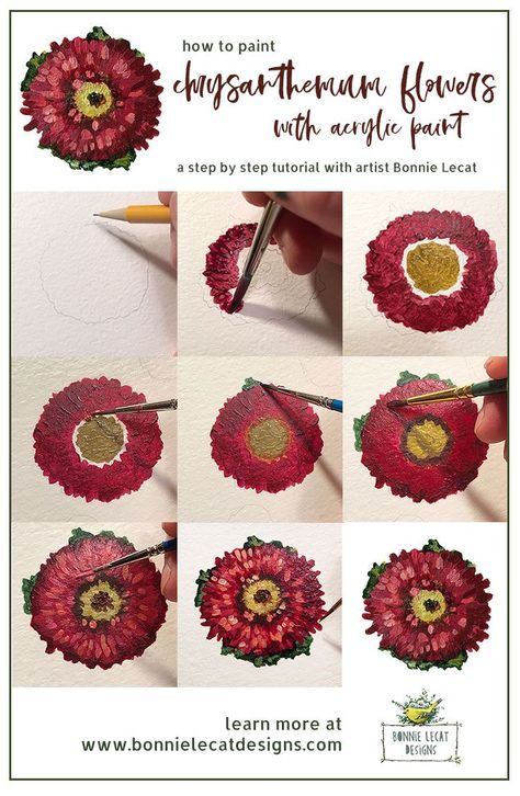 Learn to paint chrysanthemum flowers step by step with artist Bonnie Lecat. via @bmurphylecat Painting Flowers Tutorial Step By Step, Step By Step Flower Painting, Flowers Illustration Art, Chrysanthemum Painting, Flowers Step By Step, Acrylic Flower Painting, Prints Illustration, Flower Step By Step, Fall Art Projects