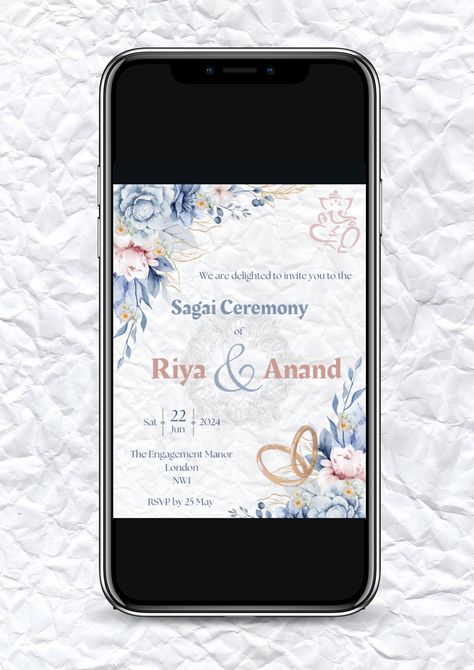 Elegant Engagement Sagai Invitation for Your Special Ceremony Make your engagement celebration unforgettable with a beautifully designed Sagai invitation that combines traditional elegance with modern convenience. ✨ Features: *Animated decorations and customizable text for a unique and stylish touch. *Available in multiple formats: image, PDF, GIF, or short video. *Perfect for digital sharing via WhatsApp, Email, Telegram, Text, and more. 🎨 Editable Canva Template: Easily personalize your invit Indian Wedding Engagement, Engagement Invite, Indian Engagement, Digital Weddings, Canva Template, Short Video, Invitation Paper, Indian Wedding, Wedding Engagement