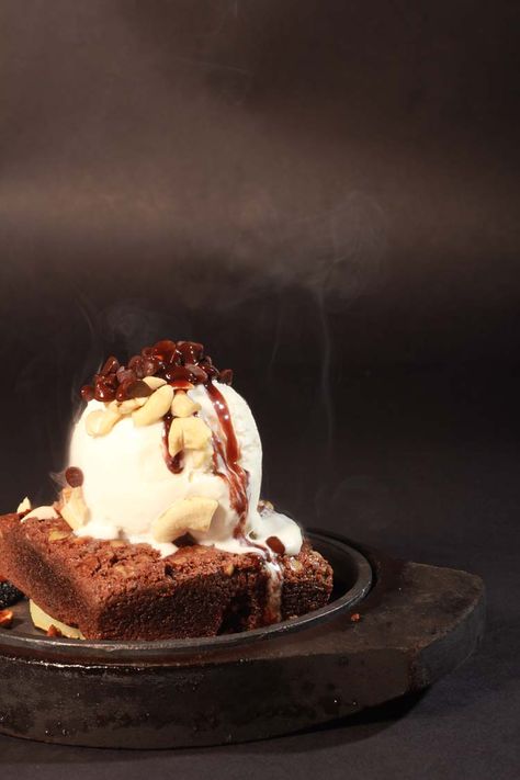 Sizzling Brownie with Icecream at Yana Sizzlers    www.yanasizzlers.com  A sizzle in every bite! Brownie Sizzler, Sizzling Brownie, Brownie Ice Cream, Menu Card, Chocolate Brownies, Menu Cards, A Year Ago, Spicy Recipes, Kitchen Hacks