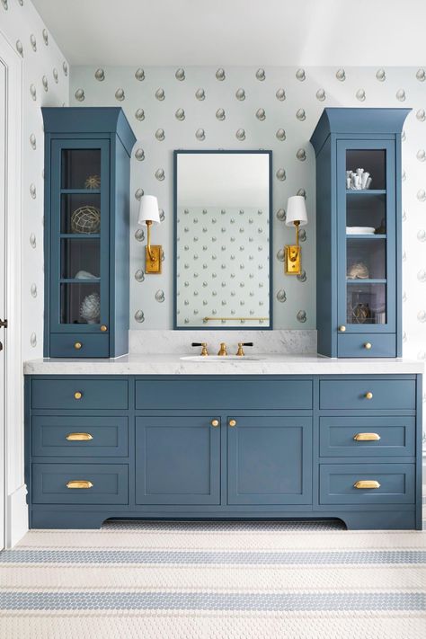 Navy Kids Bathroom, Boys Bathroom Vanity, Coastal Fabrics, Decorating With Wallpaper, Boys Bathroom Ideas, Coastal Bathroom Ideas, English Seaside