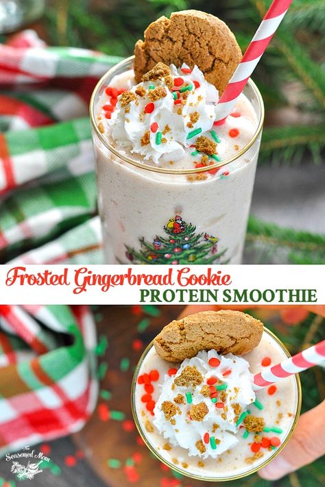 Indulge in a healthy breakfast or snack that tastes like your favorite Christmas cookie! This easy Frosted Gingerbread Cookie Protein Smoothie recipe is a delicious and nutritious way to fuel your body and satisfy your sweet tooth -- in just 2 minutes! Holiday Smoothies, Christmas Smoothies, Frosted Gingerbread, Protein Smoothies, Protein Shake Smoothie, Protein Smoothie Recipes, A Healthy Breakfast, Protein Shake Recipes, Gingerbread Cookie