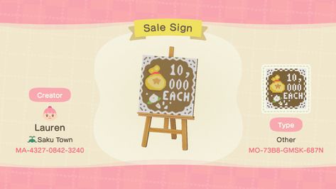 Animal Crossing Sale Sign, Acnh For Sale Sign, Acnh Sale Sign, Sale Sign Design, Acnh Spring, Acnh Patterns, Garage Sale Signs, Sale Sign, For Sale Sign