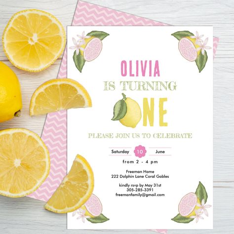 Lemonade First Birthday Party, Lemonade First Birthday, Girl Birthday Decorations, Baby 1st Birthday, 1st Birthday Invitations, First Birthday Party, Pink Lemonade, Birthday Party Invitation, Birthday Party Invitations