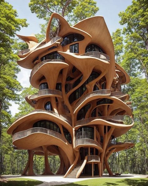 A home in metaverse ~.~ Treehouse Design Architecture, Architecture Cool, Beautiful Tree Houses, Architecture Unique, Cool Tree Houses, Unusual Buildings, Tree House Designs, Unusual Homes, Unique House Design