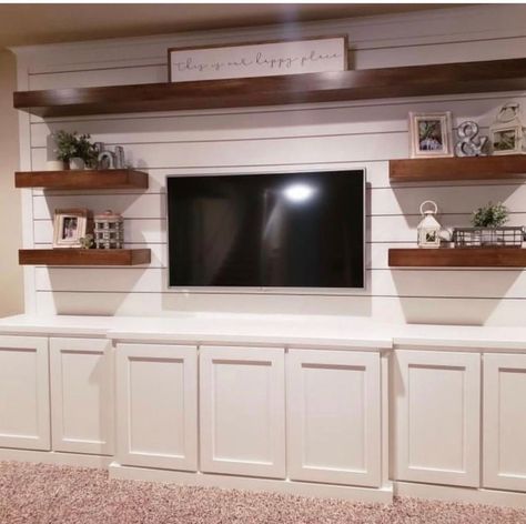 Corner Fireplace Next To Built In, Bar Cabinets Tv, Built In Tv Wall Unit With Fireplace Farmhouse, Tv Stand With Floating Shelves, Homemade Entertainment Center Ideas, Built Entertainment Center Ideas, Farmhouse Tv Wall Unit, Shiplap Entertainment Wall Living Room, Cabinet Entertainment Center Diy