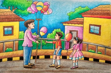 How to draw balloon seller drawing with children/ easy and simple balloon seller drawing/ Balloon Seller Painting, Balloon Man Drawing, Balloon Seller Memory Drawing, Flower Seller Drawing, Compition Drawing, Memory Drawing For Elementary, Memory Drawing For Elementary Exam, Balloon Seller Drawing, Memory Drawing For Intermediate